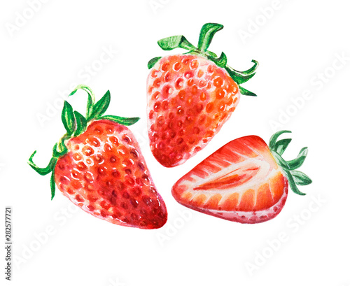 Watercolor red juicy strawberry with leaves. Food background, painted bright ...