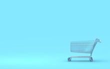 Shoping Cart 3d Render. Blue  Background. Modern Store. Blue Shoping Cart. Online Shoping. Sale. Buying And Selling Concept.