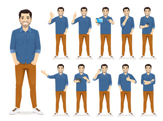 man in casual outfit set with different gestures isolated