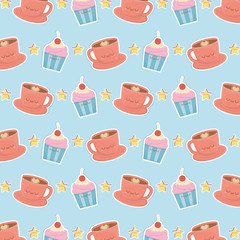 Wall Mural - coffee and cupcake kawaii characters pattern