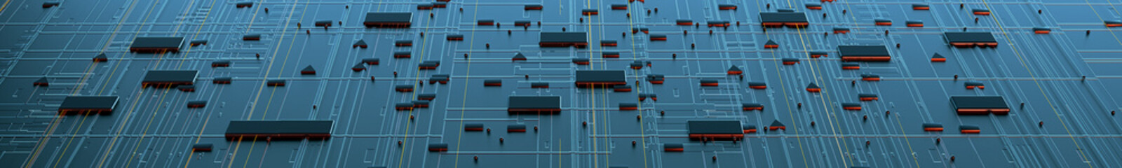 Poster - Printed circuit board futuristic server/Circuit board futuristic server code processing. Orange,  green, blue technology background with bokeh. 3d rendering