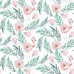 Hand drawn watercolor tropical bird flamingo seamless pattern . Exotic rose bird illustrations, jungle tree, brazil trendy art. Perfect for fabric design. Aloha collection.