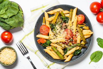 Sticker - Vegan pasta penne with spinach, asparagus and tomato.