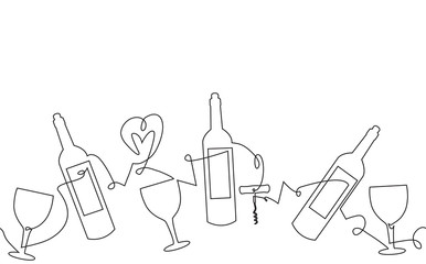Wall Mural - Pattern with Bottles, Glasses and corkscrew. Abstract Wine background. Can be yused like banner, backdrop, poster, logo, template in your design works.  Continuous line drawing. Vector illustration. 