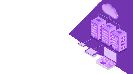 Poster - 3D illustration of cloud server connected with three local server and digital devices for Cloud Storage concept based isometric design.