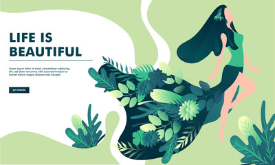 Sticker - Life Is Beautiful poster or banner design with illustration of young woman with natural leaves on abstract background.