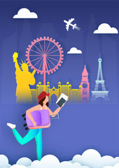 Poster - Advertising template or flyer design with paper cut style foreign country famous monument and illustration of tourist character for Traveling or vacation concept.