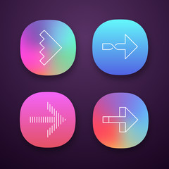 Rightward arrows app icons set. Twisted, notched next, forward arrows. Navigation pointer sign. Pointing symbol. UI/UX user interface. Web or mobile applications. Vector isolated illustrations