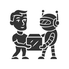 Wall Mural - Transactional bot glyph icon. Artificial intelligence. Virtual assistance. Man and robot holding box. Modern robotic delivery service. Silhouette symbol. Negative space. Vector isolated illustration