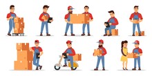 Vector Set Illustrating Highlights Of Delivery Services: Counting Price, Checking Order, Transportation Parcels With Movers, Loaders, Motor Scooter, Cart, Courier To Client. Cartoon Isolated On White.