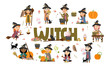 © AnnstasAg - Cute witch set. Witches in black hats, dresses and cardigans gather mushrooms and herbs, brew potions, fly on a broomstick and make magic. Vector