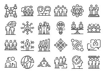 Big set of thin line icons related with human resources management isolated on white. Outline team work pictograms collection. Partnership, cooperation logos. Vector elements for infographic, web.