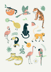 Exotic tropical Jungle animals poster illustration on light background. Tiger Leopard Panther Sloth Monkey Snake Flamingo Parrot Toucan Kiwi bird Rainforest creature graphics.