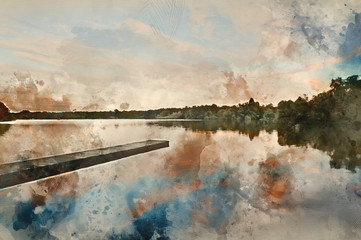 Wall Mural - Digital watercolour painting of Beautiful sunset over Autumn Fall lake with crystal clear reflections