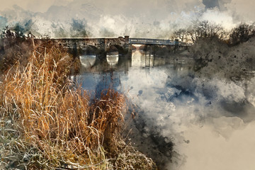 Wall Mural - digital watercolour painting of landscape winter surnise of river and frosty fields