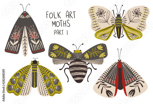 Set Of Folk Art Decorated Moths. Poster Mural XXL