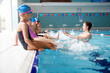 © Monkey Business - Coach In Water Gives Children Swimming Lesson As They Sit On Edge Of Pool And Splash Him