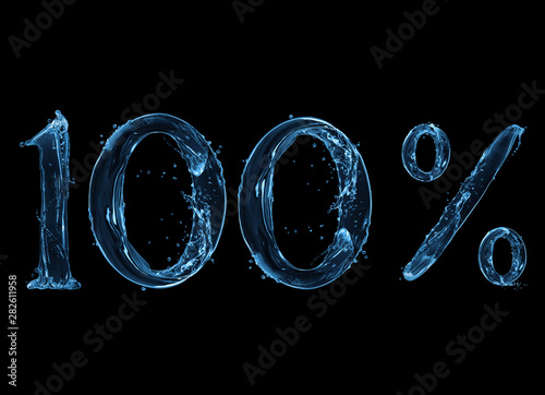 Fotografía Number 100 and percent sign made with a splash of water on a black background