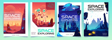 Space Exploring Banners Set With Alien Fantasy Landscape Background And Astronauts Family On Red Planet Surface. Colonization Concept For Computer Game Or Poster Design. Cartoon Vector Illustration