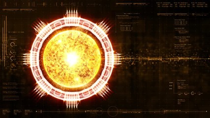 Fototapete - Advance motion graphic futuristic user interface head up display screen with Holographic fusion particles machine Simulation with gravitational fields energy particles wave and digital data telemetry 
