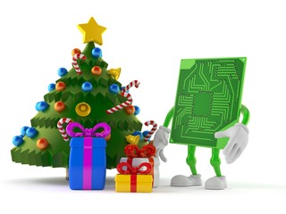 Wall Mural - Circuit board character with christmas tree and gifts