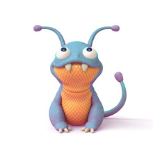 3d Illustration Of A Cute Little Cartoon Blue Monster With A Yellow Belly Sitting On White Background. Concept Art Character Of Smiling Frog Mutant. Alien Creature. Funny Monster Dragon With Big Teeth