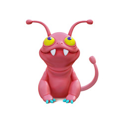 3d digital illustration of a cute little cartoon red monster sitting on white background. Concept art character of smiling frog mutant. Alien creature. Illustration of funny monster with big teeth.