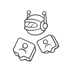 Sticker - Social bot linear icon. Socialbot, chatbot. SMM automation tool. Software program. Online help service. Thin line illustration. Contour symbol. Vector isolated outline drawing. Editable stroke