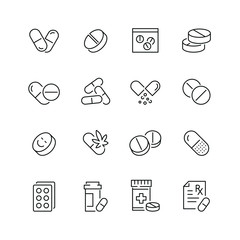 Pills related icons: thin vector icon set, black and white kit