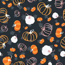 Seamless Pattern For Thanksgiving Celebration. Vector Of Hand Drawn Illustration With Ripe Pumpkin On Background Maple Leaves.