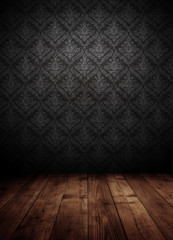 Wall Mural - dark interior room with baroque wallpaper.