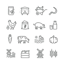 Farming And Agriculture Related Icons: Thin Vector Icon Set, Black And White Kit