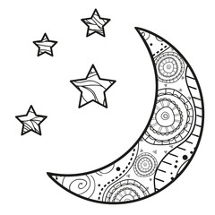 Wall Mural - Crescent moon with stars with abstract patterns on isolation background. Design for spiritual relaxation for adults. Black and white illustration for anti stress colouring page