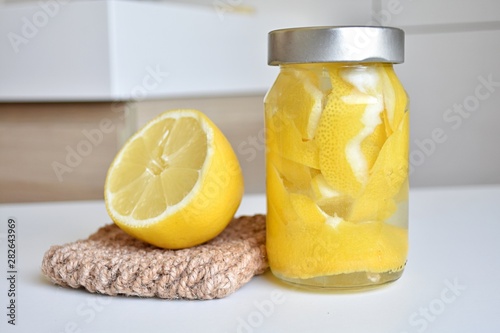 Lemon peel and vinegar bathroom or kitchen cleaner, air freshener, zero waste cleaning.