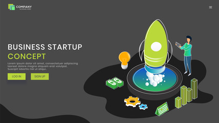 Sticker - Website banner or landing page design with illustration of businessman management company project launch and success or financial growth for Business Startup concept.