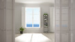 © ArchiVIZ - White folding door opening on modern stylish empty room with panoramic windows, white interior design, architect designer concept, blur background