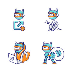 Poster - Bot types color icons set. Hacker, backlink checker, scraper bots. Malicious robot. Artificial intelligence, AI. Voice recognition. Web optimization. Computer virus. Isolated vector illustrations