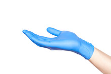 Doctor Hand In Blue Gloves In Holding Position Isolated On White