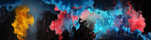 Acrylic Blue And Red Colors In Water. Ink Blot. Abstract Black Background.