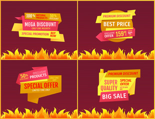 Wall Mural - Mega sale offers on geometric shape shopping labels. Vector retail emblems with fire flame. Price tags set best discounts advertisements only one week