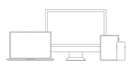 Aufkleber - Outline icon set of modern devices - desktop computer monitor, laptop, tablet, smartphone. Electronic mock up gadgets isolated on white background. Template for presentation, web design, ui kits.