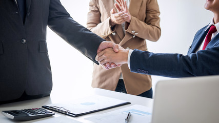Aufkleber - Meeting and greeting concept, Two confident Business handshake and business people after discussing good deal of Trading contract and new projects for both companies, success, partnership, co worker