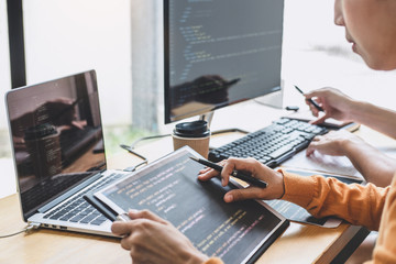 Poster - programmers cooperating at developing programming and website working in a software develop company 