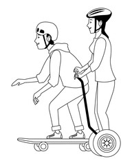 Canvas Print - Young people with skateboard and electric scooter in black and white