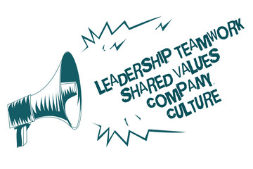 Poster - Text sign showing Leadership Teamwork Shared Values Company Culture. Conceptual photo Group Team Success Gray megaphone loudspeaker important message screaming speaking loud