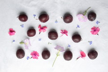 Plums And Pink Flowers Pattern On White Background
