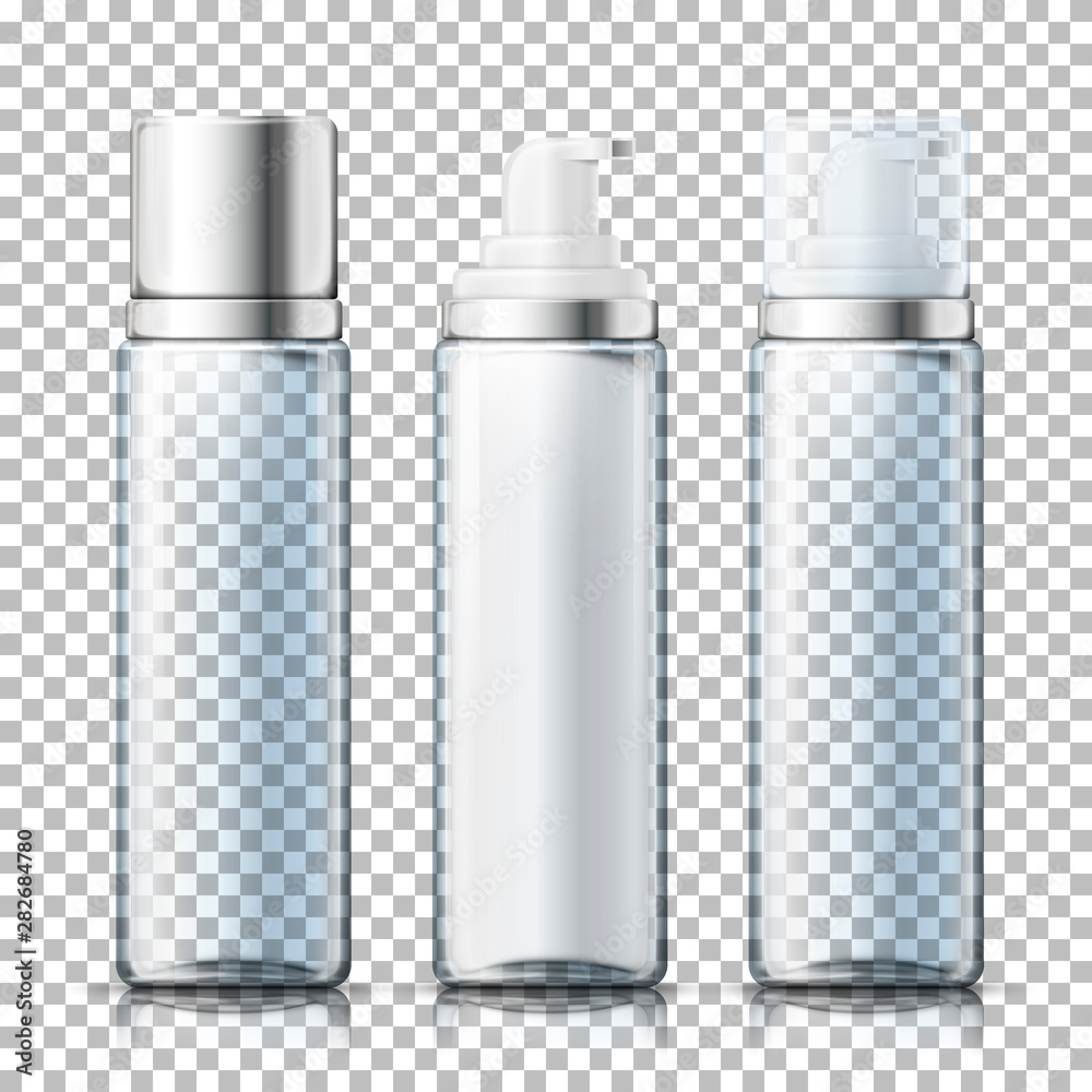 Vector set - 3d realistic transparent foam bottles with silver and ...