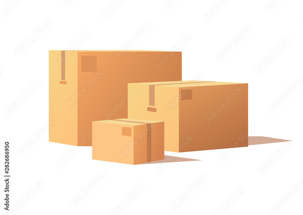 Carton packs vector delivery icons. Pile of parcel boxes, stacked sealed goods in cardboard. Realistic packages with adhesive tape isolated on white. - obrazy, fototapety, plakaty 