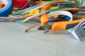 Tools and cables used in electrical home installation