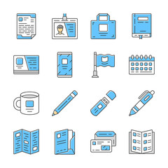 Sticker - Office equipment color icons set. Business tools isolated vector illustrations. Company worker, businessman accessories. Corporate lifestyle attributes, stationery items pack. Notebook, employee badge